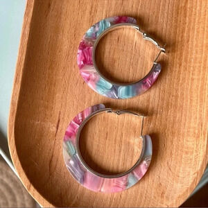 2 LEFT! Acrylic Pink & Blue Marbled Hoop Earrings